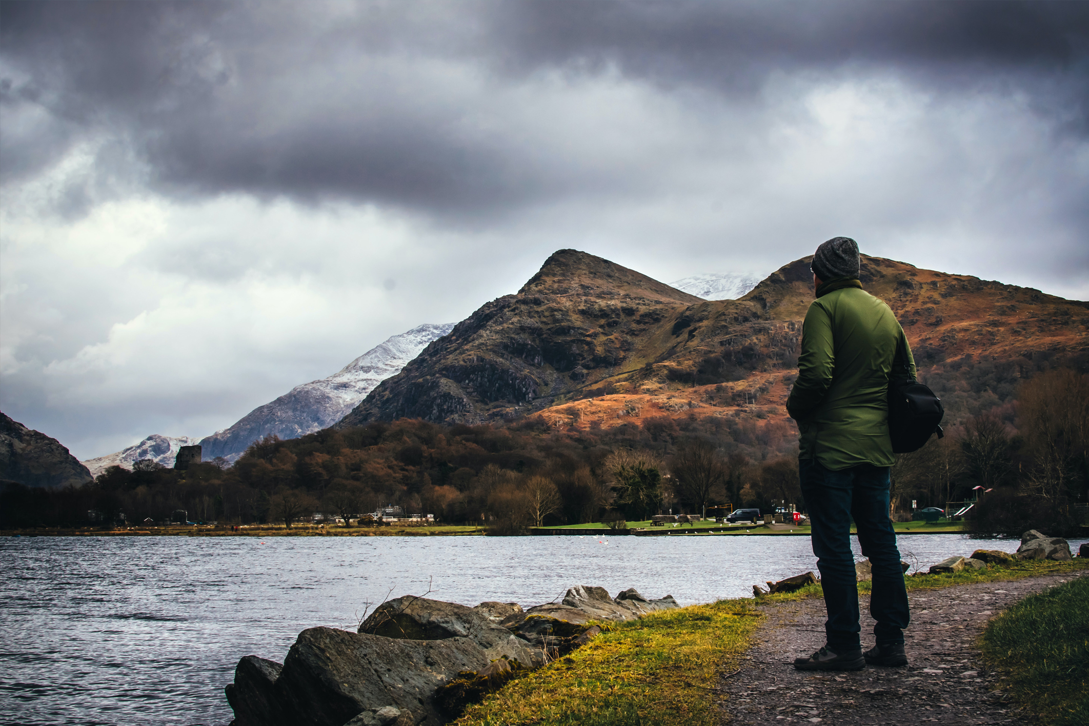Man standing in front of lake